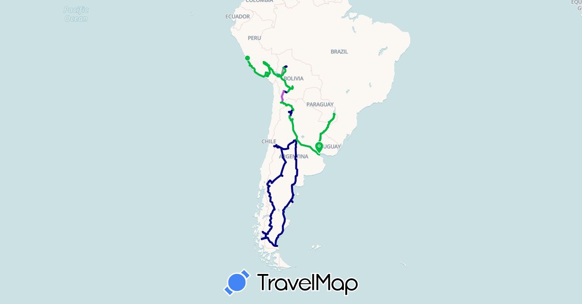 TravelMap itinerary: driving, bus, plane, boat, pirogue, 4x4 in Argentina, Bolivia, Chile, Peru (South America)